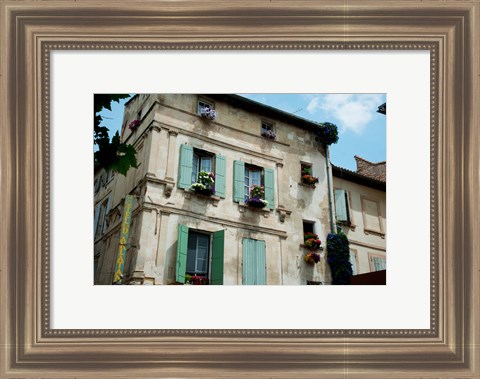 Framed View of an old building with flower pots on each window, Rue Des Arenes, Arles, Provence-Alpes-Cote d&#39;Azur, France Print