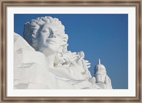 Framed French themed Snow Sculpture by frozen Sun Island Lake, Harbin, China Print