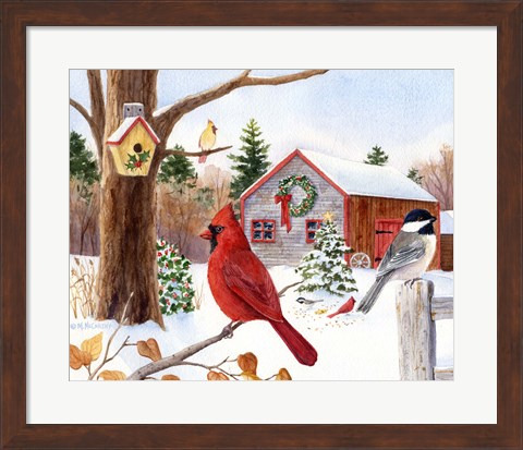 Framed Cardinal, Chickadee &amp; Christmas Barn Print