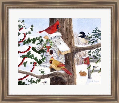 Framed Winter Birdhouse And Cardinals Print