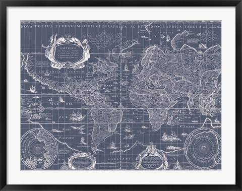 Framed Blueprint World Map Print