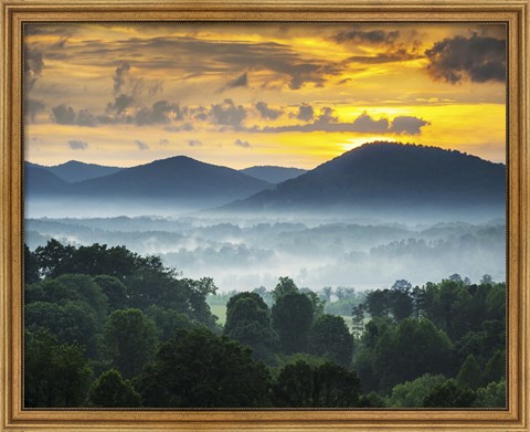 Framed Asheville NC Blue Ridge Mountains Sunset and Fog Landscape Print