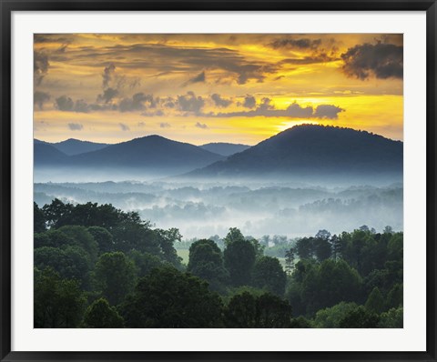 Framed Asheville NC Blue Ridge Mountains Sunset and Fog Landscape Print