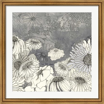 Framed Flowers on Grey I Print