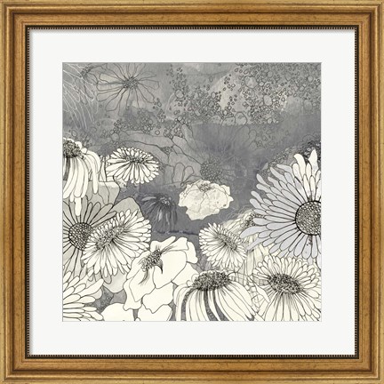 Framed Flowers on Grey I Print