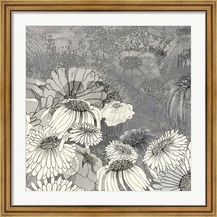 Framed Flowers on Grey II Print