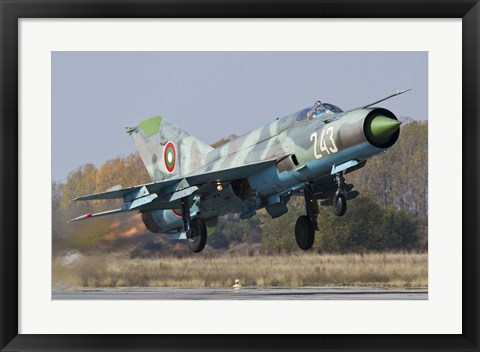 Framed Bulgarian Air Force MiG-21bis jet fighter taking off Print