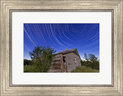 Framed Circumpolar star trails above an old farmhouse in Alberta, Canada Print