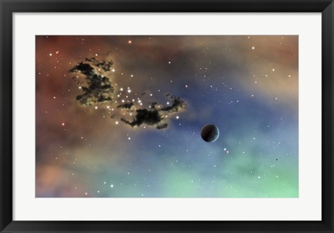 Framed lonely planet is lit by two stars as it passes by a dark cloud of dust Print