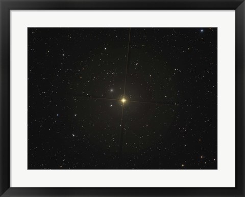 Framed red giant star Beta Andromedae and its ghost galaxy NGC 404 Print