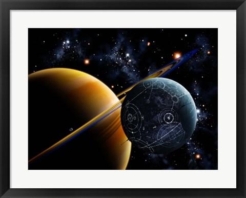 Framed Two artificial moons travelling around a gas giant devouring the natural moons Print