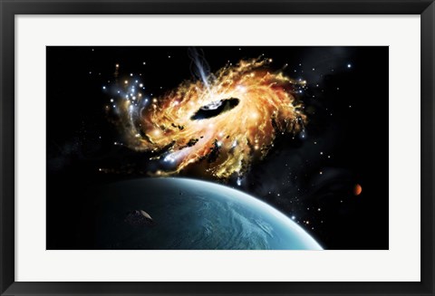 Framed space shuttle tries to avoid the gravity well of a supermassive black hole Print
