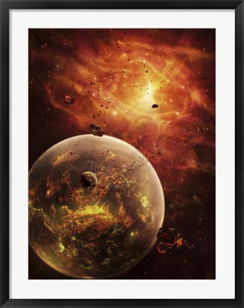 Framed eye-shaped nebula and ring of glowing debris around a planetary system Print