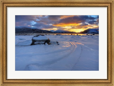 Framed winter sunset over Tjeldsundet at Evenskjer, Troms County, Norway Print