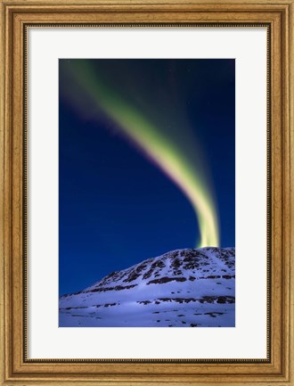 Framed aurora borealis shooting up from Toviktinden Mountain, Norway Print