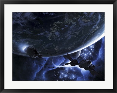 Framed Vulture ships hunt down and dismantle derelict spacecraft Print