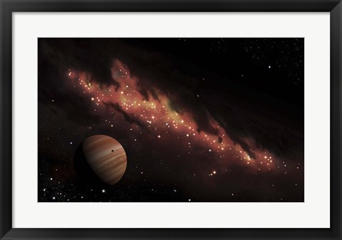 Framed Artist&#39;s concept of an H II region of space, wrapped in a dark nebula Print
