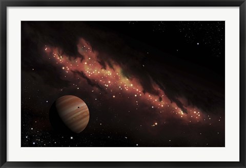 Framed Artist&#39;s concept of an H II region of space, wrapped in a dark nebula Print