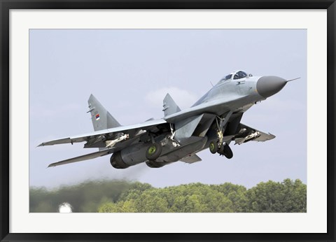 Framed Serbian Air Force MiG-29 departing with two AA-8 Aphid missiles Print