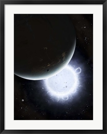 Framed tiny moon Rakka Ume travels into the shadow of the planet Tenjin Print