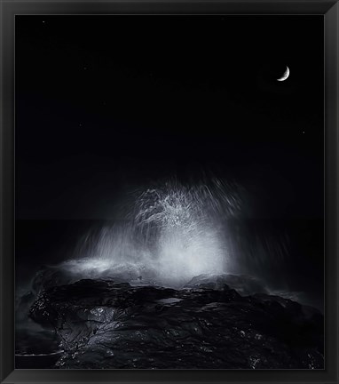 Framed crescent moon and waves splashing over rocks in Miramar, Argentina Print