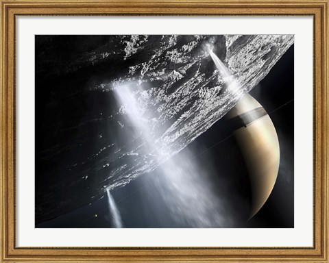 Framed Geysers of Enceladus showing cryovolcanism near the South Pole of Enceladus Print