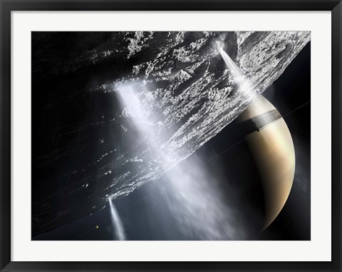 Framed Geysers of Enceladus showing cryovolcanism near the South Pole of Enceladus Print