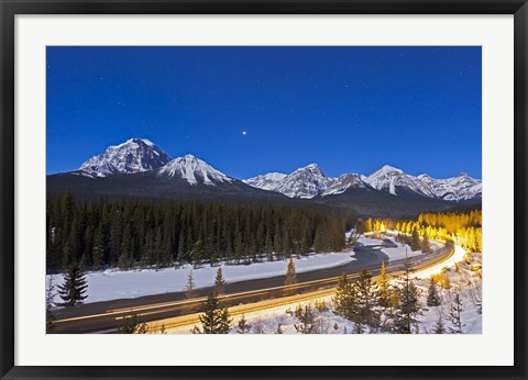 Framed moonlit nightscape over the Bow River and Morant&#39;s Curve in Banff National Park, Canada Print