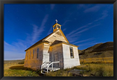 Framed old pioneer church in Dorothy, Alberta, Canada, on a starry night Print