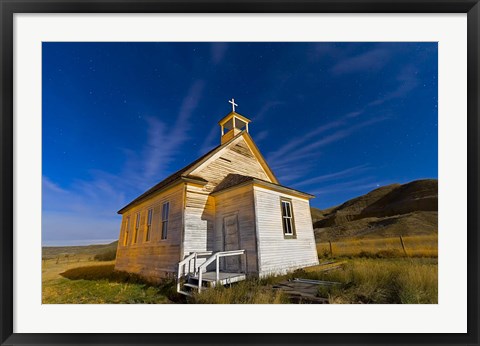 Framed old pioneer church in Dorothy, Alberta, Canada, on a starry night Print