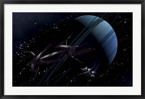 Framed chartered private corvette being intercepted by a strange alien craft Print