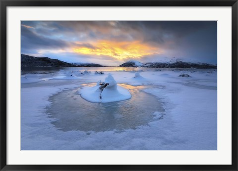 Framed frozen fjord that is part of Tjeldsundet in Troms County, Norway Print