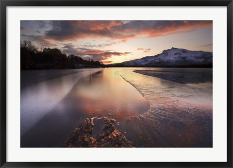 Framed frozen Straumen Lake on Tjeldoya Island in Nordland County, Norway Print