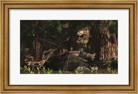 Framed T-Rex returns to his kill and finds some poaching raptors Print