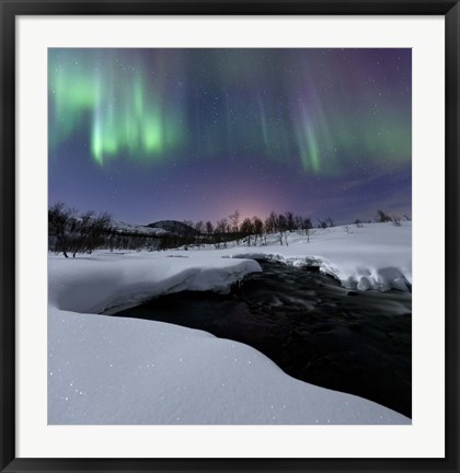 Framed Aurora Borealis over Blafjellelva RIver in Troms County, Norway Print