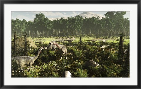 Framed Lurdusaurus and Nigersaurus dinosaurs grazing a prehistoric forest Print