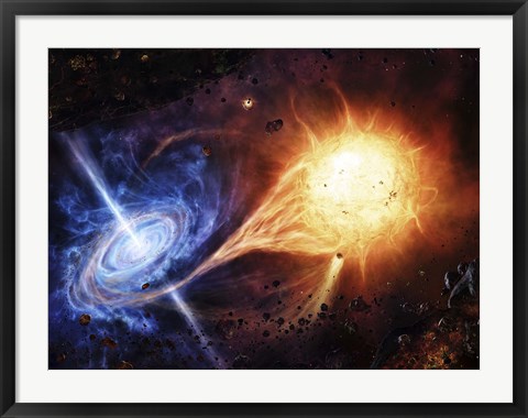 Framed binary system orbiting near a black hole Print