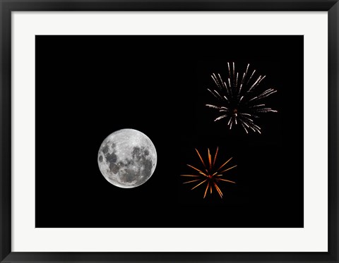 Framed composite image with fireworks and a new Moon Print