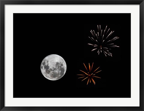 Framed composite image with fireworks and a new Moon Print