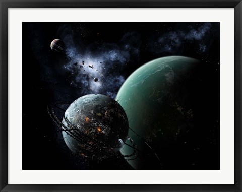 Framed massive space station orbits a large habitable moon Print