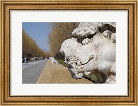 Framed Carved statues of lion creature, Changling Sacred Way, Beijing, China Print