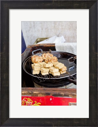Framed China, Shanghai. Village of Zhujiajiao. Homemade snacks cooked in wok. Print