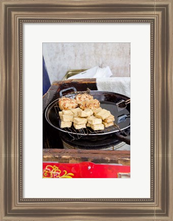 Framed China, Shanghai. Village of Zhujiajiao. Homemade snacks cooked in wok. Print