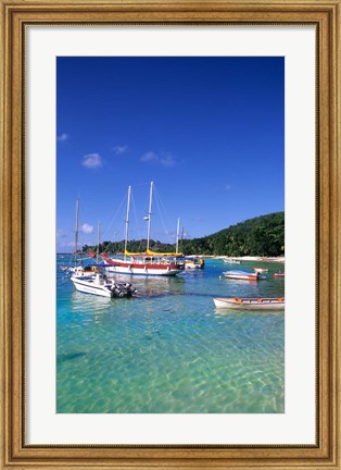 Framed Boats, beach, La Digue, Seychelle Islands Print