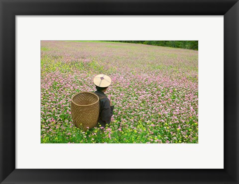 Framed Farmer in Farmland of Canola and Buckwheat, Bumthang, Bhutan Print