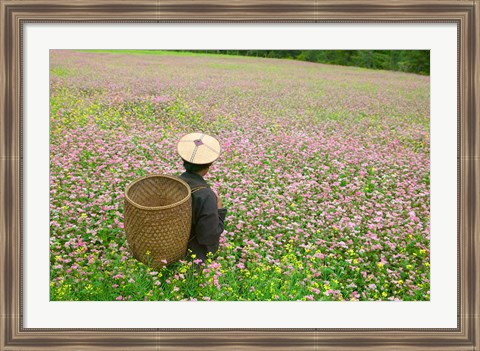 Framed Farmer in Farmland of Canola and Buckwheat, Bumthang, Bhutan Print