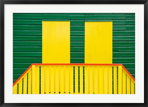 Framed Yellow and Green wooden cottages, Muizenberg Resort, Cape Town, South Africa Print