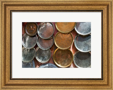 Framed Brass plates for sale in the Souk, Marrakech (Marrakesh), Morocco, North Africa Print