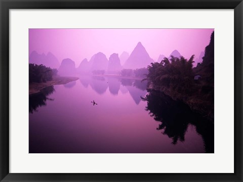 Framed Fisherman on Raft in Li River, Yangshou, Guanxi, China Print