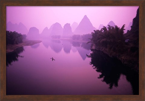 Framed Fisherman on Raft in Li River, Yangshou, Guanxi, China Print